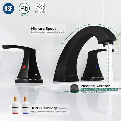 PARLOS Matte Black Widespread Bathroom Faucet with Metal Pop Up Drain and cUPC Faucet Supply Lines, Doris 14258