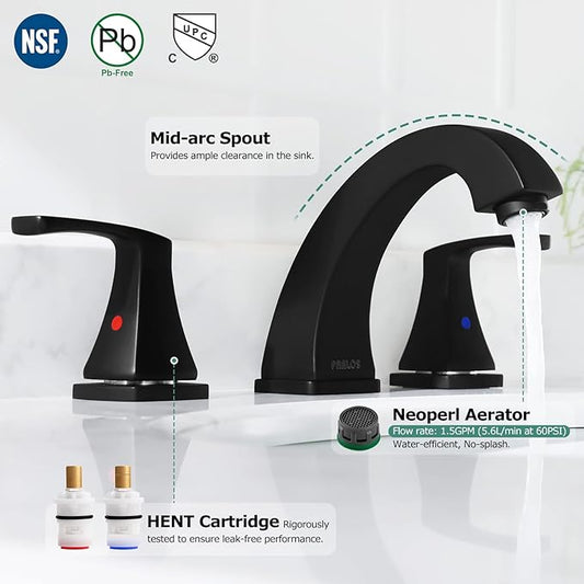 PARLOS Matte Black Widespread Bathroom Faucet with Metal Pop Up Drain and cUPC Faucet Supply Lines, Doris 14258