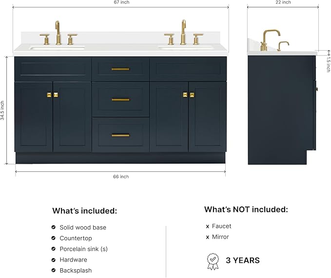ARIEL Hamlet 66-inch Bathroom Vanity with Sink,Solid Wood, 1.5-inch Pure White Quartz Countertop, Double Rectangular Porcelain Sink, 4 Soft Closing Doors, 3 Dovetail Drawers, Midnight Blue