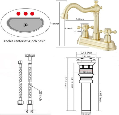 Bathroom Faucet Brushed Gold 2 Handles 4 Inches Centerset Bathroom Vanity with Drain Assembly and Supply Hose Lavatory Faucet