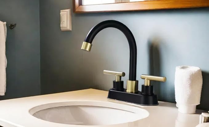 Bathroom Faucet Black and Gold, 2 Handle 4 Inch Centerset Bathroom Sink Faucet with Pop Up Drain, Modern RV Vanity Sink 2 or 3 Hole Mount