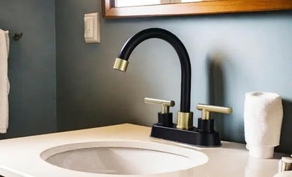 Bathroom Faucet Black and Gold, 2 Handle 4 Inch Centerset Bathroom Sink Faucet with Pop Up Drain, Modern RV Vanity Sink 2 or 3 Hole Mount