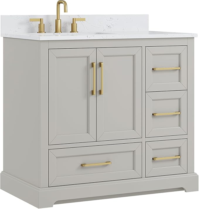 36 Inch Bathroom Vanity with Sink Combo, Solid Wood Frame with Mable Top &Backspalsh, Fully-Assembled with Soft-Closing Doors & 4 Drawers, Greige