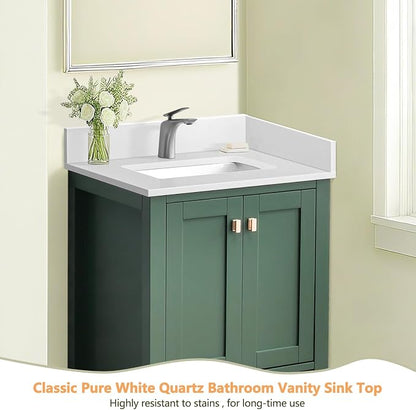 24" x 22" Vanity Top, Quartz Vanity Sink Top in Pure White, with One Sidesplash & One Backsplash, with Undermounted Rectangular Sink,Single Faucet Hole for Vanity Top with Sink