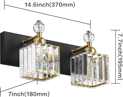 PRESDE Crystal 2 Light Bathroom Vanity Lights Black and Gold Bathroom Lights Fixtures Over Mirror Modern Bedroom Hallway