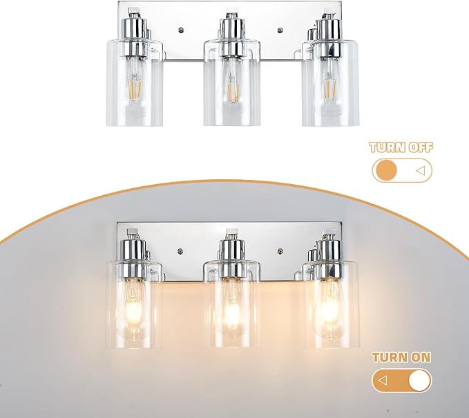 3 Lights Bathroom Light Fixtures Chrome Vanity Light with Clear Glass Shade 18in Modern Bathroom Lighting Fixtures Over Mirror for Bedroom/Living Room