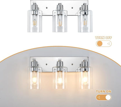 3 Lights Bathroom Light Fixtures Chrome Vanity Light with Clear Glass Shade 18in Modern Bathroom Lighting Fixtures Over Mirror for Bedroom/Living Room