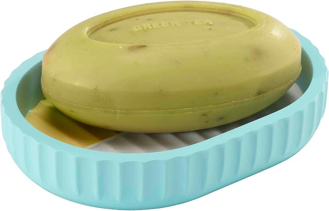 IZOD - Bathroom Set, 4pc Countertop Accessories, Tumbler, Toothbrush Holder, Soap Dish & Lotion Pump, Striped Resin Decor, Dorm Room Essentials (Clubhouse Collection, Aqua)