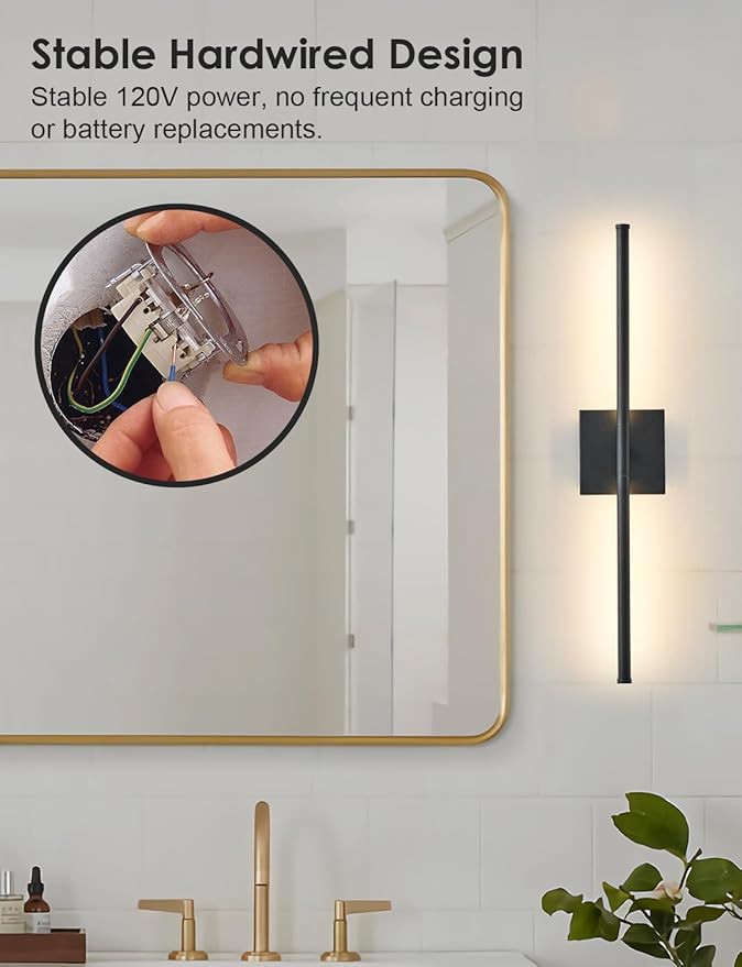 24.4 Inch Hardwired Wall Sconces Set of Two, 3000K Warm White Dimmable Modern Wall Sconces, 350° Rotate LED Light Fixtures Wall Lamp for Bathroom Living Room Bedroom Bedside, Black