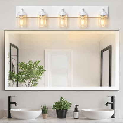 IZORRO Bathroom Vanity Light Fixture, 5-Light 36 Inch White Bathroom Light Fixtures Over Mirror, with Clear Glass Shade, Modern Farmhouse Vanity Lights, Rustic Restroom Lighting Fixtures
