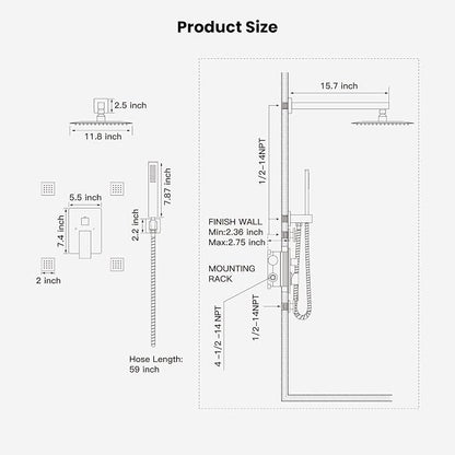 gotonovo Rainfall Shower System with Full Body Jets 4pcs Brushed Nickel | 12’’ Rainfall Shower Head with Handheld Spray Combo,Wall Mount,Rough-in Valve and Trim Kit,Brass Body Message Jets,All Metal
