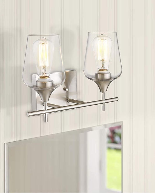 2 Lights Bathroom Light Fixture, 15 Inch Brushed Nickel Bathroom Vanity Lights Over Mirror, Modern Farmhouse Bath Wall Sconce Light with Clear Glass, WL9167-2C