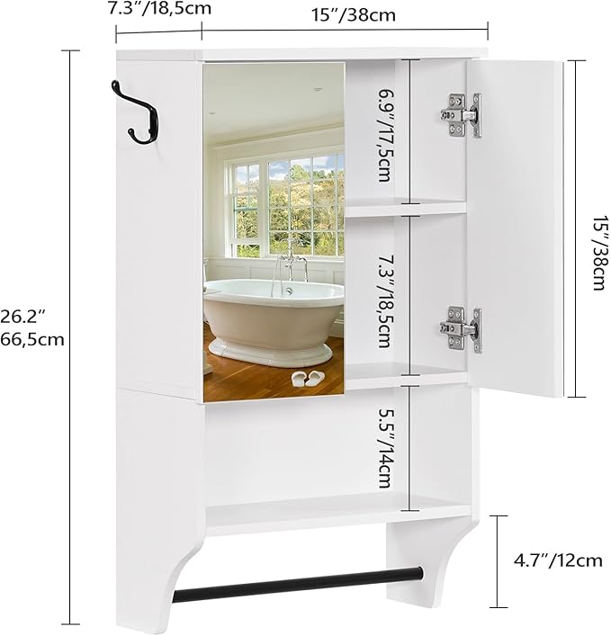 Bathroom Wall Cabinet with Mirror, Medicine Cabinet with 2 Door and Adjustable Shelf, Wall Mounted Over The Toilet Storage Cabinet with Towel Bar for Bathroom Laundry Room Kitchen, White