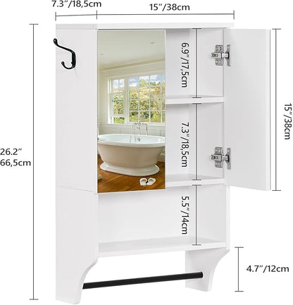 Bathroom Wall Cabinet with Mirror, Medicine Cabinet with 2 Door and Adjustable Shelf, Wall Mounted Over The Toilet Storage Cabinet with Towel Bar for Bathroom Laundry Room Kitchen, White