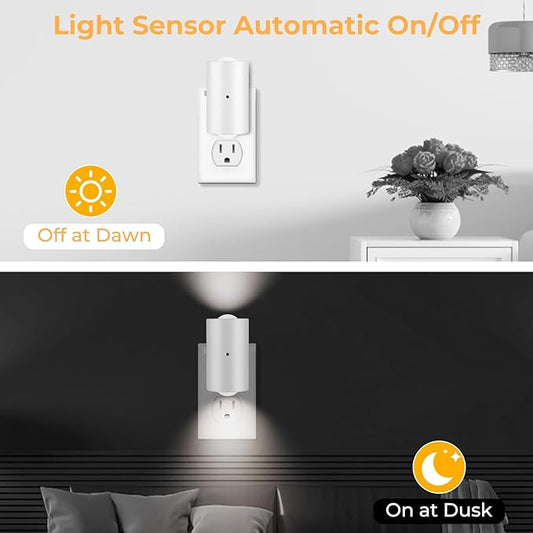 4 Pack Small LED Night Light, Dimmable Plug-in with Dusk to Dawn Auto On/Off, 5000K Daylight Adjustable Brightness (0-200 LM), 180° Rotating Head for Kitchen, Bathroom, Hallway