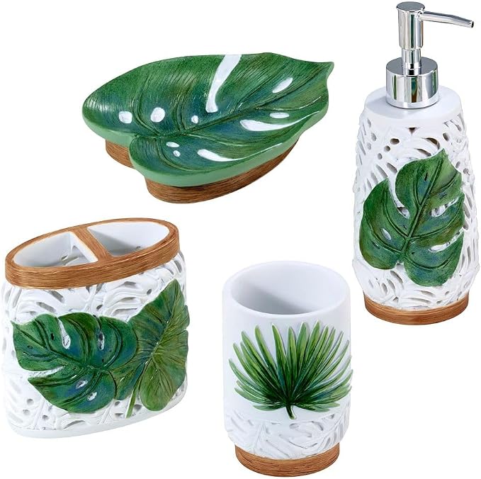 Avanti Linens - Accessory Set, Resin Tumbler, Toothbrush Holder, Soap Dish & Lotion Pump/Soap Dispenser, Tropical Bath Decor (Viva Palm Collection, White)