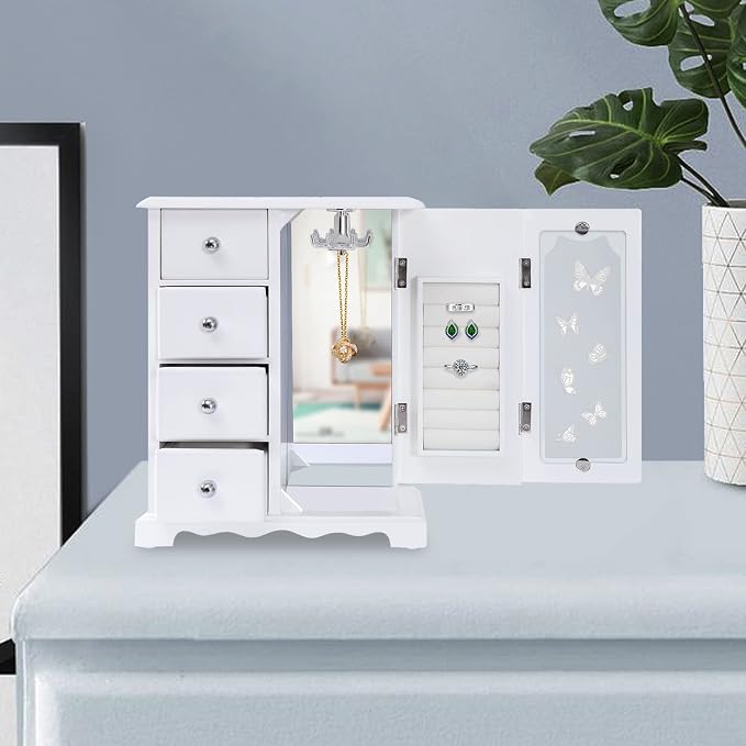 Vintage Wood Jewelry Box with 4 Drawers, Desktop Jewelry Organizer with Glass Door & Mirror, Necklace Ring Storage Display Case Built-in Necklace Carousel (White, Butterfly, 4 Drawers)