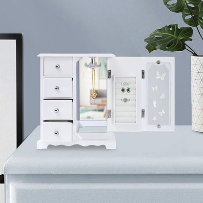 Vintage Wood Jewelry Box with 4 Drawers, Desktop Jewelry Organizer with Glass Door & Mirror, Necklace Ring Storage Display Case Built-in Necklace Carousel (White, Butterfly, 4 Drawers)