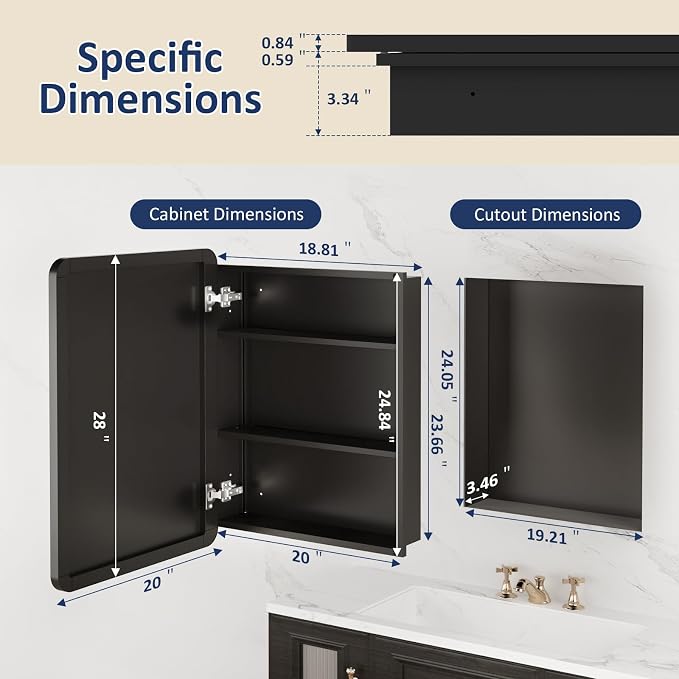 Medicine Cabinet Mirror 20x28 Inch, Black Bathroom Mirror Cabinet with Stepless Adjustable Shelves, Rounded Rectangle Metal Framed, Bathroom Mirror with Storage Recessed or Wall Mount