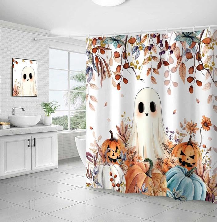 Fall Funny Ghost Shower Curtain, Halloween Pumpkins Harvest Autumn Leaves Decor Bath Curtain, Maple Leaves Spooky Bathroom Accessories Set with Hooks, 72X84in