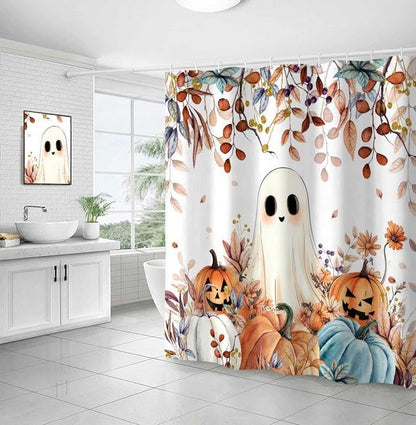 Fall Funny Ghost Shower Curtain, Halloween Pumpkins Harvest Autumn Leaves Decor Bath Curtain, Maple Leaves Spooky Bathroom Accessories Set with Hook 60X70in