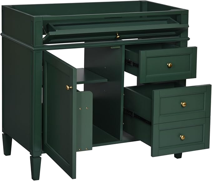 Merax 36'' Bathroom Vanity Without Top Sink, Solid Rubberwood Frame Cabinet | Modern Bathroom Vanity Storage Cabinet with 2 Drawers, Tip-out Drawer, Adjustable Shelf, Soft Closing Doors, Green