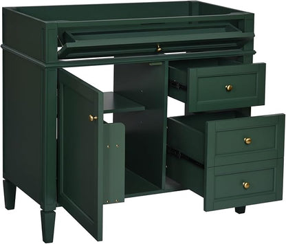 Merax 36'' Bathroom Vanity Without Top Sink, Solid Rubberwood Frame Cabinet | Modern Bathroom Vanity Storage Cabinet with 2 Drawers, Tip-out Drawer, Adjustable Shelf, Soft Closing Doors, Green