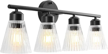 4-Light Bathroom Vanity Light, Matte Black Bathroom Light Fixtures Over Mirror with Stripe Glass, Modern Wall Lamp, Black Wall Sconces for Living Room Bedroom Kitchen Hallway