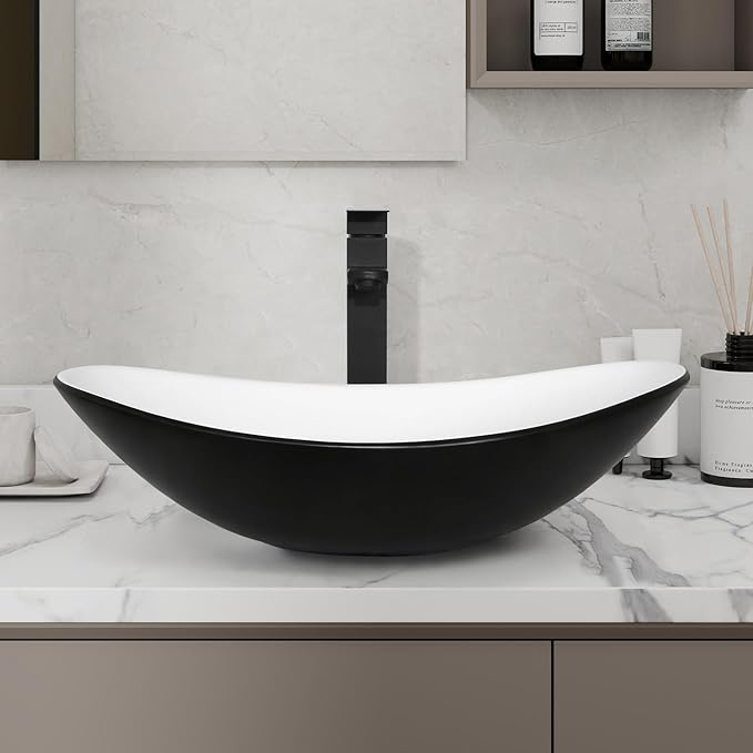 32 Inch Bathroom Vanity with Sink, Traditional Freestanding Black Bathroom Vanity Cabinet with Four Drawers, Pedestal Cabinet with Black and White Ceramic Boat Sink
