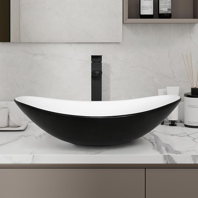48 Inch Bathroom Vanity with Sink, Traditional Freestanding Black Bathroom Vanity Cabinet with Four Drawers, Pedestal Cabinet with Two Black and White Ceramic Boat Sink