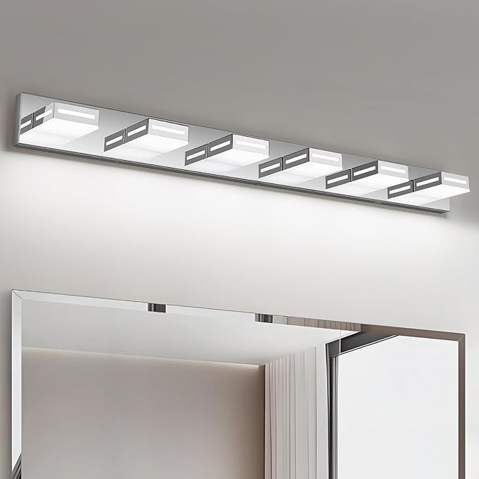 LED Modern Bathroom Light Fixtures, 6-Light 48-Inch Chrome Vanity Lights for Bathroom Lighting Fixtures Over Mirror, 350° Rotatable Acrylic, 6000K Cool White Wall Lamp