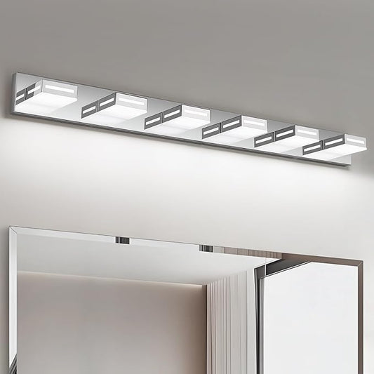 LED Modern Bathroom Light Fixtures, 6-Light 48-Inch Chrome Vanity Lights for Bathroom Lighting Fixtures Over Mirror, 350° Rotatable Acrylic, 6000K Cool White Wall Lamp
