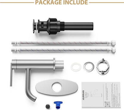 Brushed Nickel Bathroom Faucet for Single Handle,HURRAN Bathroom Faucet 1 Hole with Pop-up Drain and Deck,Fits 1 Hole or 3 Hole Installations for Vanity,Bathroom & RV