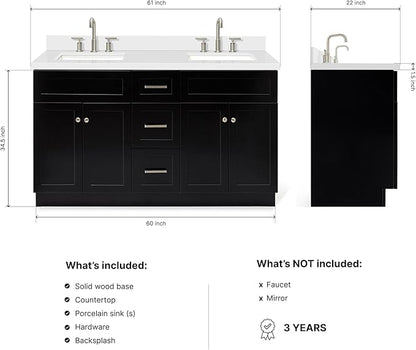 DKB Bradford 60" Double Black Bathroom Vanity with 1.5" Pure White Quartz Countertop, Rectangular Undermount Sinks, 2 Soft-Closing Doors, 3 Full Extension Dovetail Drawers