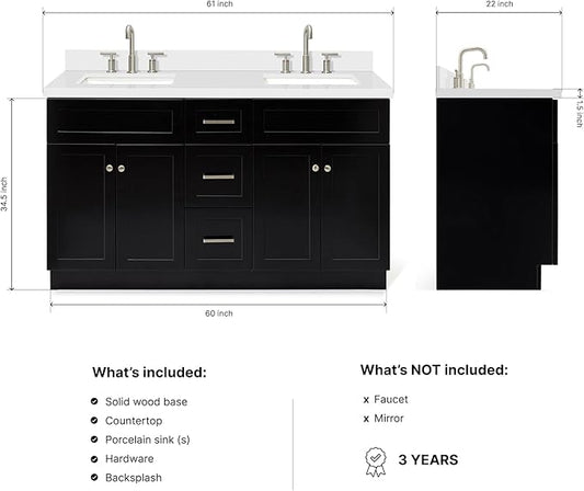 DKB Bradford 60" Double Black Bathroom Vanity with 1.5" Pure White Quartz Countertop, Rectangular Undermount Sinks, 2 Soft-Closing Doors, 3 Full Extension Dovetail Drawers