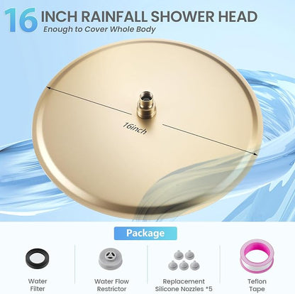 16 inch Brushed Gold Round Rain Shower Head, All Metal Stainless Steel 304, Ultra Thin Design, Full Body Rainfall Shower with 230 Silicone Nozzles