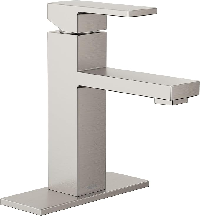 Moen Revyl Spot Resist Nickel One-Handle Single Hole Modern Bathroom Sink Faucet with Optional Deckplate and Spring Loaded Drain Assembly, 84771SRN