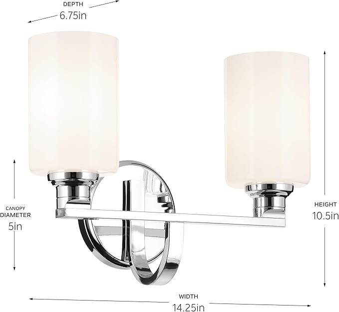 Kichler Gioe 14.25" 2-Light Vanity Light with Opal Glass in Chrome, Damp Rated, for Bathroom, Powder Room, Over a Mirror, (14.25" W x 10.5" H), 55225CH