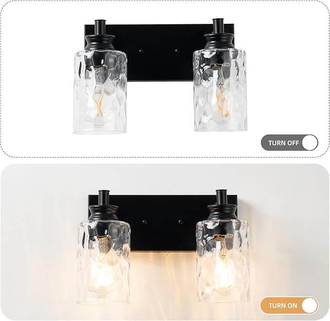 2 Light Bathroom Vanity Light Modern Black Bathroom Light Fixtures Over Mirror with Hammered Glass Lampshade for Kitchen Hallway
