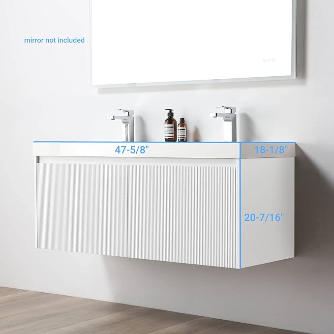 Blossom 48 inch Bathroom Vanity with Sink, Wall Mounted Floating Bathroom Vanity Cabinet with Double Acrylic Sink, All Wood Bathroom Storage Cabinet with Soft Close Drawers, Matte White Finish