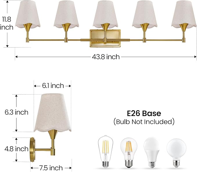 Gold Bathroom Vanity Light Fixtures: Brushed Gold Vanity Lights Over Mirror with Flared Fabric Shade, Modern Bathroom Lighting Fixtures, 5 Light Wall Sconces Lights for Bedroom Hallway Living Room