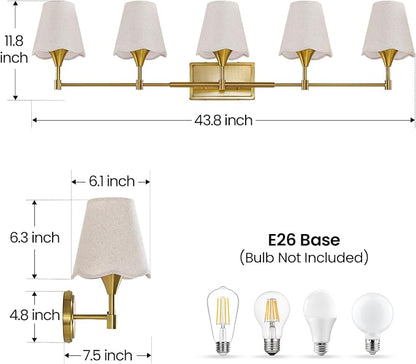 Gold Bathroom Vanity Light Fixtures: Brushed Gold Vanity Lights Over Mirror with Flared Fabric Shade, Modern Bathroom Lighting Fixtures, 5 Light Wall Sconces Lights for Bedroom Hallway Living Room