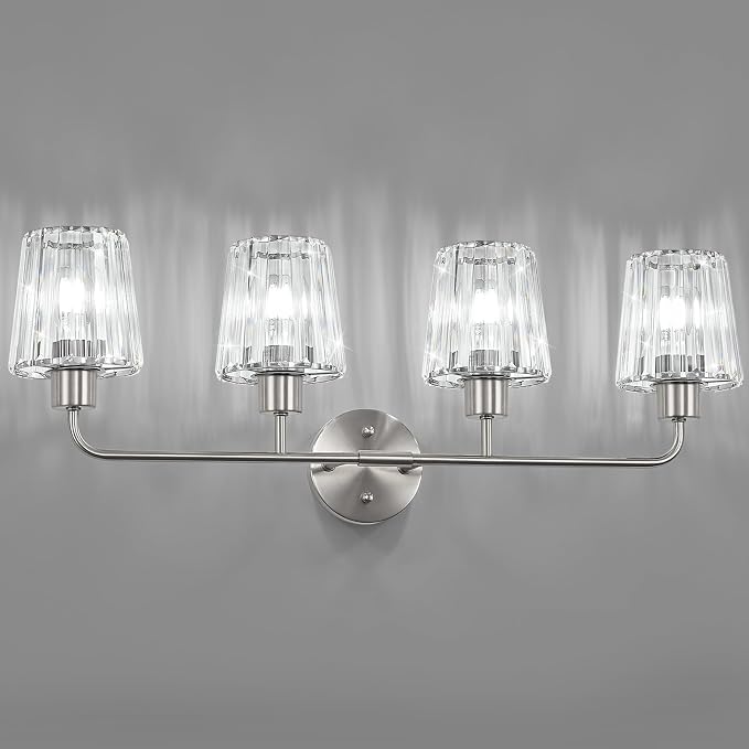 Brushed Nickel Vanity Lights 4-Light Crystal Bathroom Light Fixtures | Modern Bathroom Vanity Light E26 Wall Light over Mirror (Exclude Bulb)