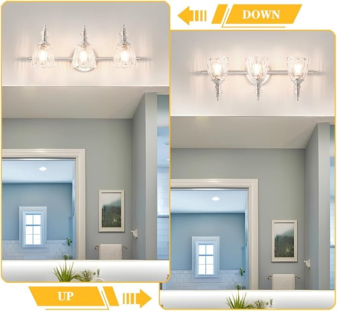 Brushed Nickel Vanity Light, Antique Bathroom Vanity Light Over Mirror, 3 Light Lighting Fixture with Flower Glass Shade, Farmhouse Sconces Wall Lighting for Hallway Living Room Bedroom