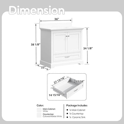 WELLFOR 36" Bathroom Vanity with Sink, Bathroom Freestanding Vanity W/ 2 Soft-Close Doors and 1 Soft-Close Drawers, Bathroom Cabinet Vanity with Engineered Stone Countertop, White