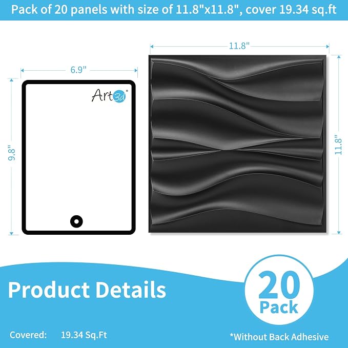 Art3d 20 Pack Decorative 3D Wall Panels, 19 Sq.Feet PVC Interior Wall Décor, 11.8"x11.8", Black