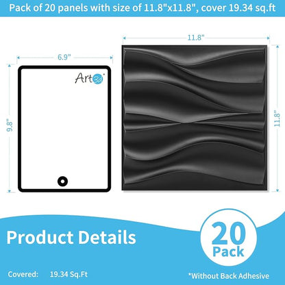 Art3d 20 Pack Decorative 3D Wall Panels, 19 Sq.Feet PVC Interior Wall Décor, 11.8"x11.8", Black
