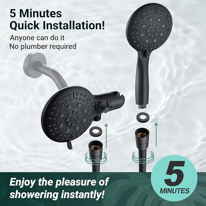 Cobbe® Dual Shower Head Combo, Handheld & Fixed, Matte Black | Two Full-Size Shower Heads, 59'' Stainless Steel Hose, Water Saving with 3-Way Water Diverter, Tool-Free Installation