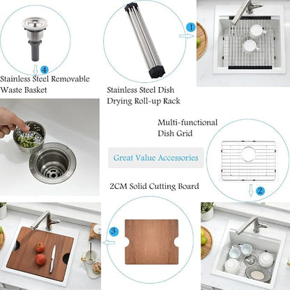 21 Inch White Bar Sink Drop In Quartz Workstation Outdoor RV Sink | 21x20 White Drop In Kitchen Sink, Single Bowl Wet Bar Sinks with Cutting Board,Resistant to Stain, Heat, Chipping