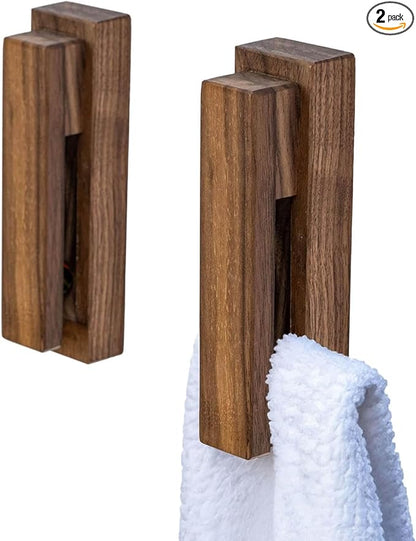 Wood Towel Hooks -Set of 2 Self Adhesive Vintage Towel Holder Wooden Wall Mounted Towel Racks for Bathroom and Kitchen Home Decor- Quick Drying, Firmly Holds Towel(Walnut)